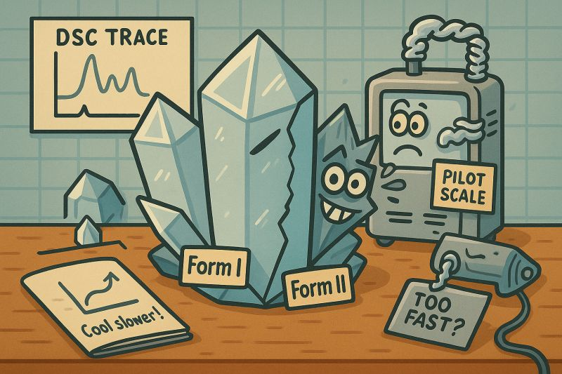 Illustration of two crystal forms beside a DSC trace and pilot-scale equipment, highlighting a cooling-rate problem.