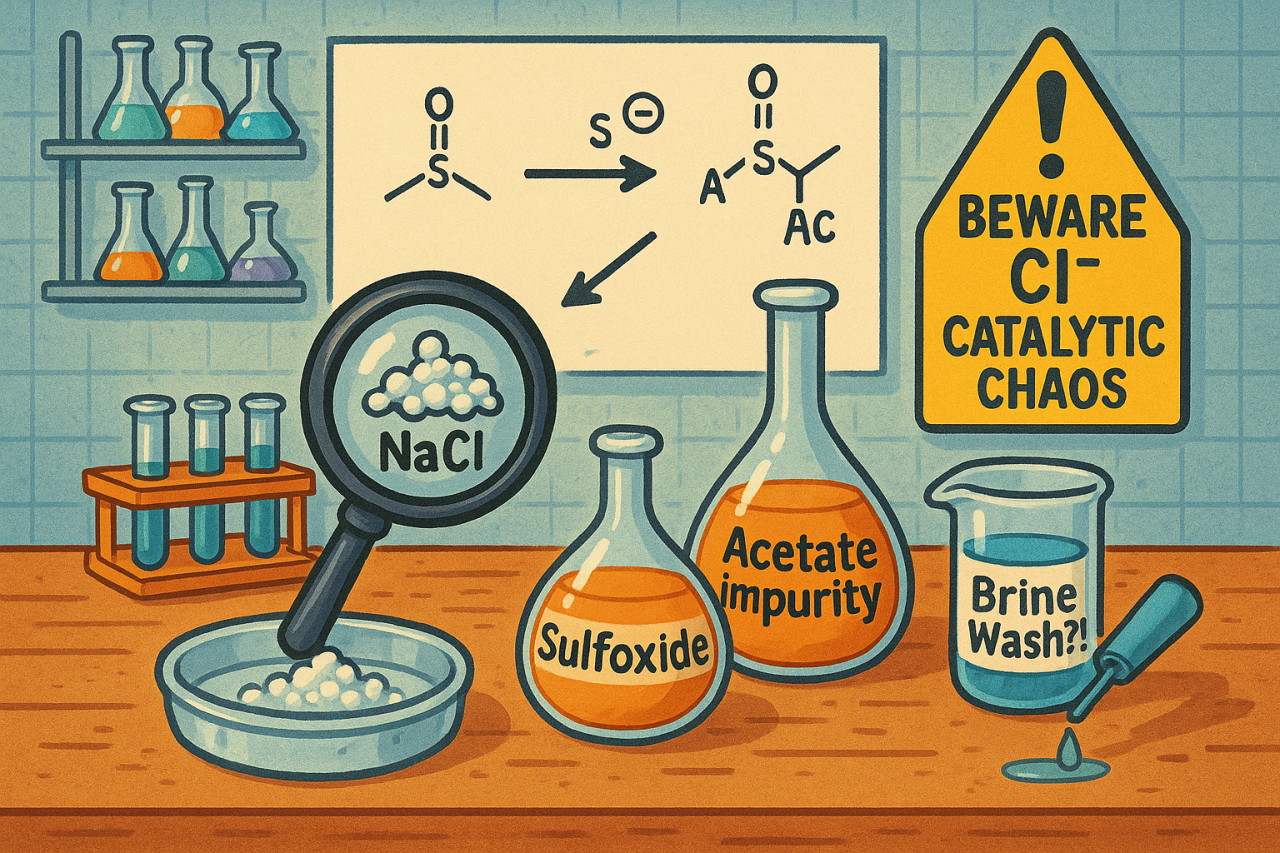 Illustrated laboratory bench showing sulfoxide, acetate impurity, brine and sodium chloride contamination.