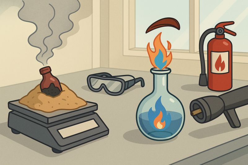 Illustration showing a smoking bottle partly buried in sand on a balance, a burning flask, a hot air gun and nearby fire extinguisher.