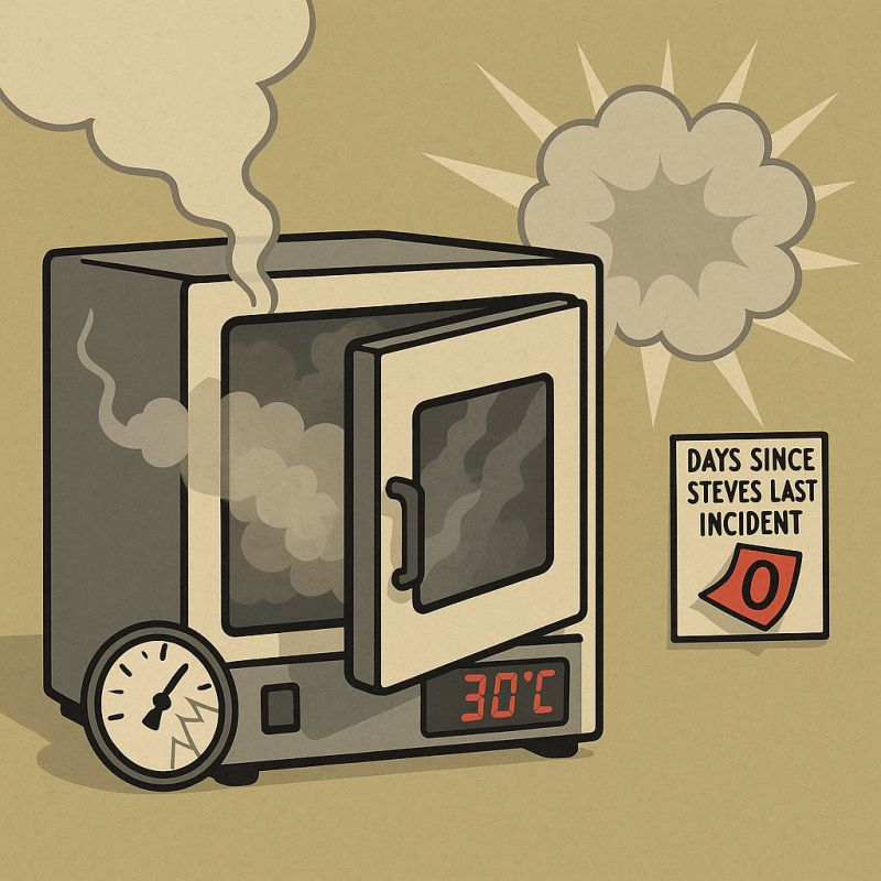 Illustration of a smoking laboratory oven with a sign reading days since Steve's last incident: 0.