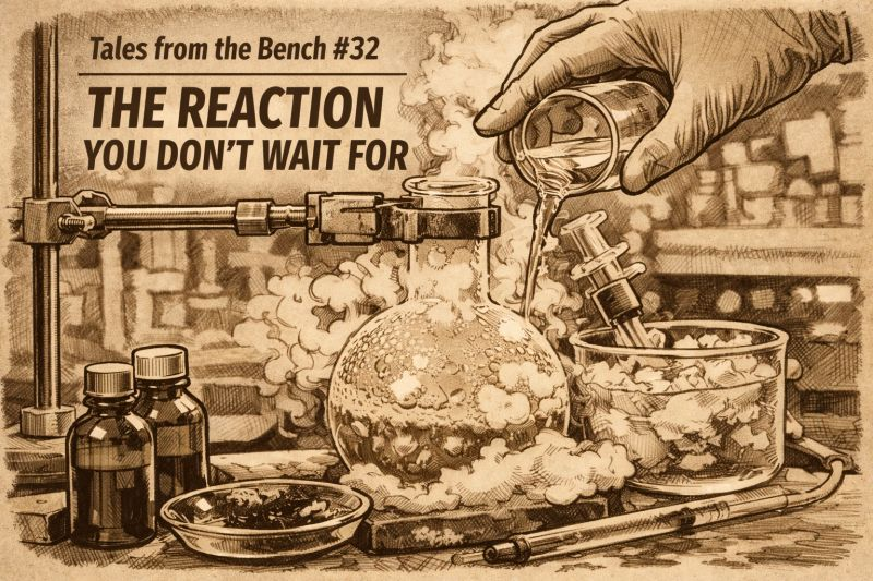 Sepia illustration of an energetic laboratory reaction being quenched promptly, titled The Reaction You Don't Wait For.