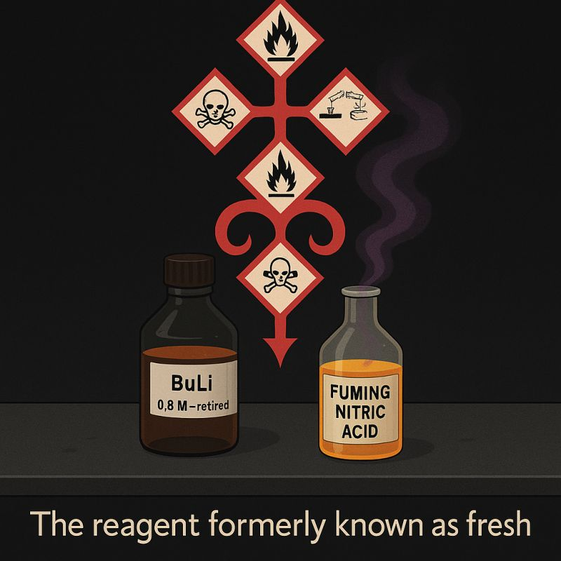 Illustration of an ageing BuLi bottle labelled 0.8 M retired beside a bottle of fuming nitric acid, with hazard symbols above and the title The reagent formerly known as fresh.