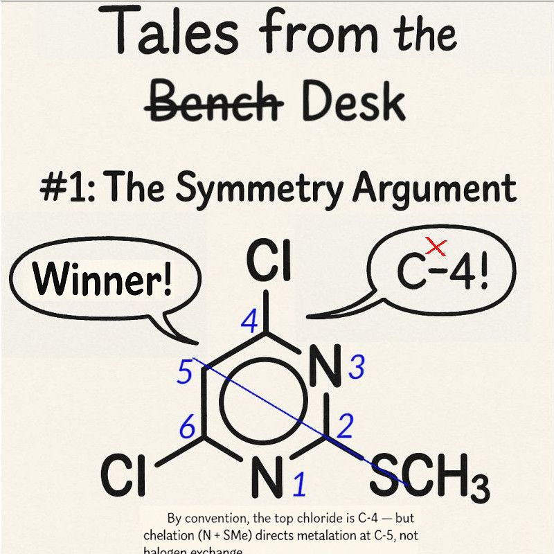 Tales from the Desk illustration showing 2-(methylthio)-4,6-dichloropyrimidine, C-4 crossed out and C-5 shown as the winning metalation site.