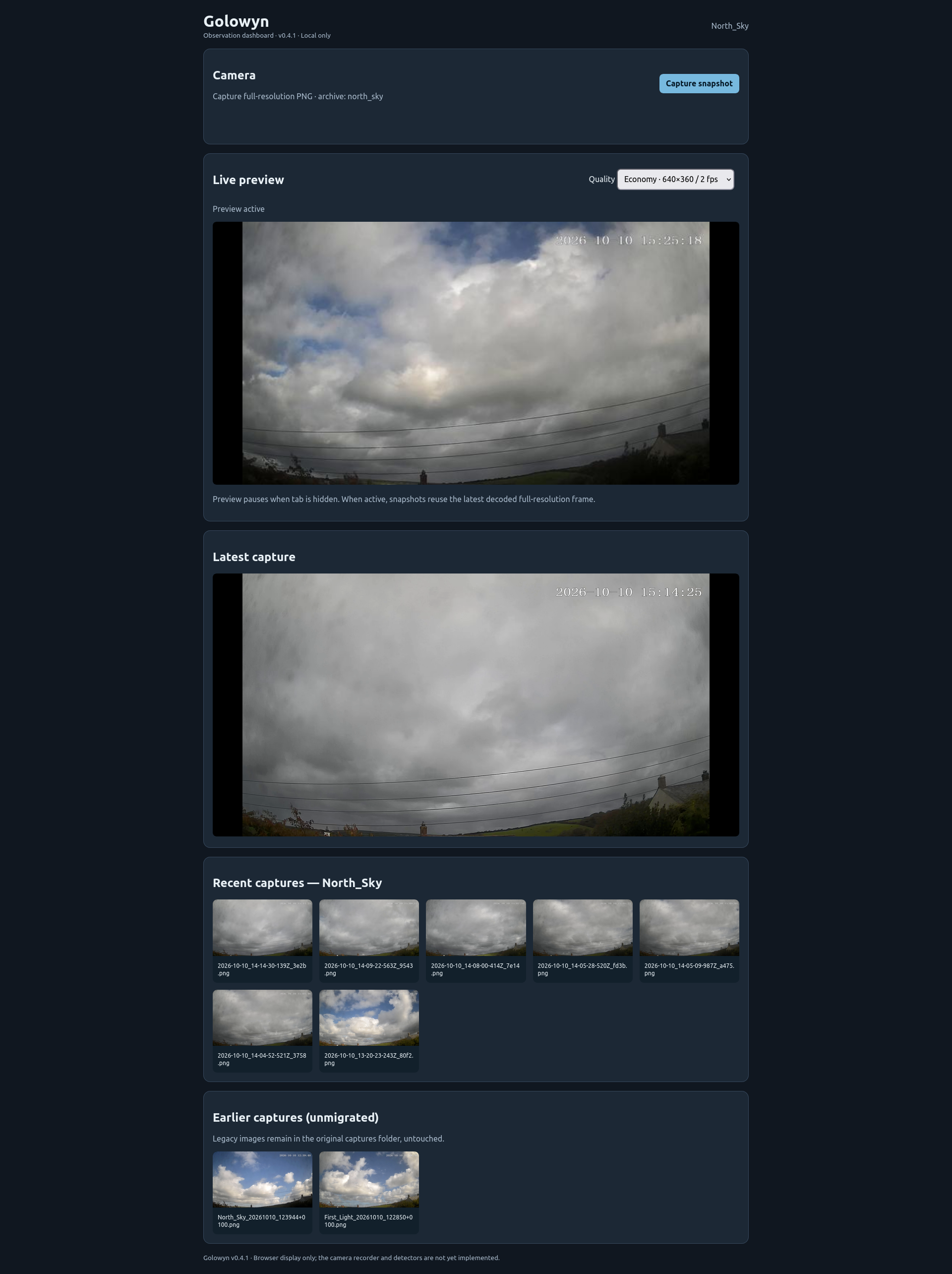 Golowyn v0.4.1 development dashboard showing the camera preview and captured images