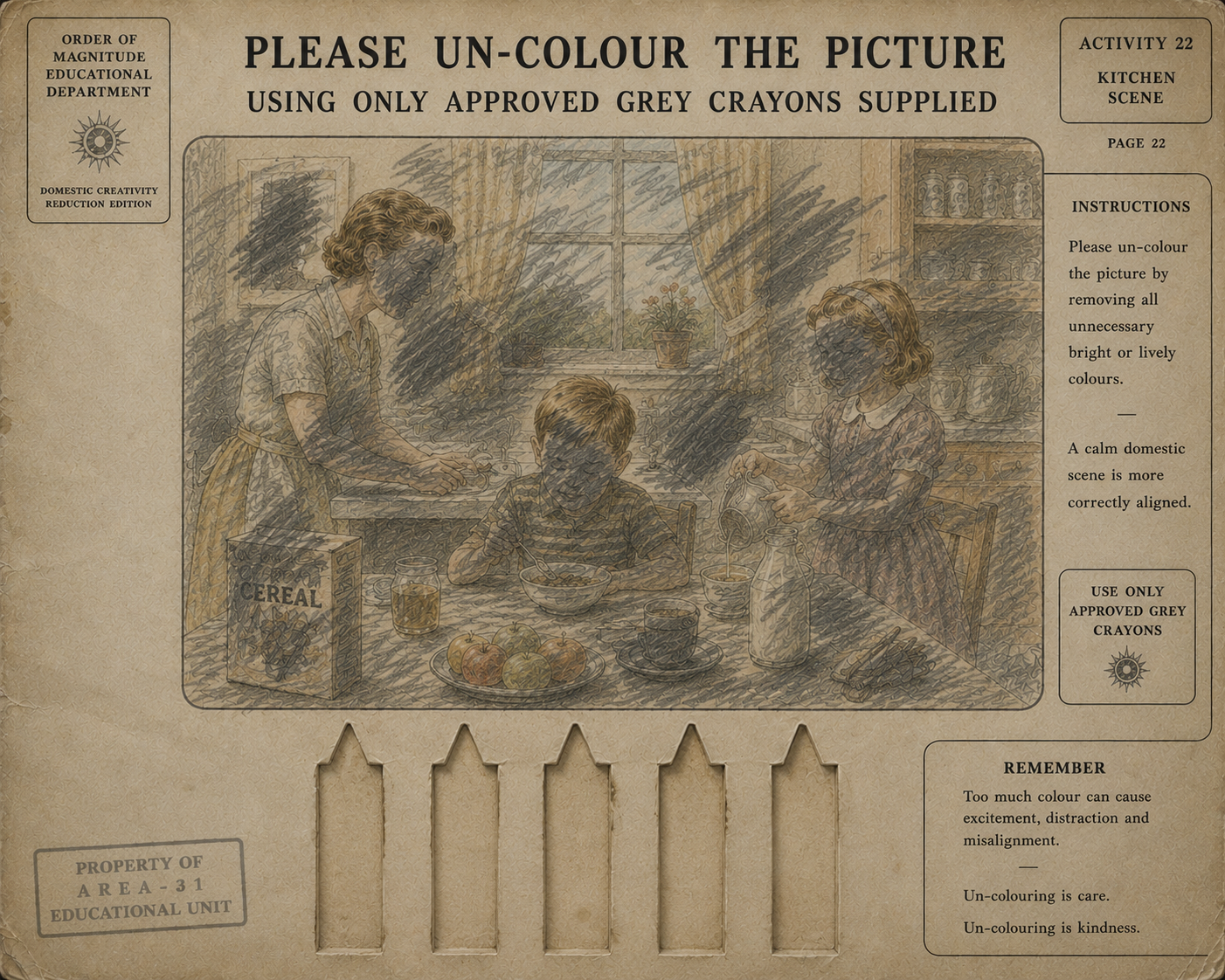 Completed un-colouring activity page with empty crayon slots