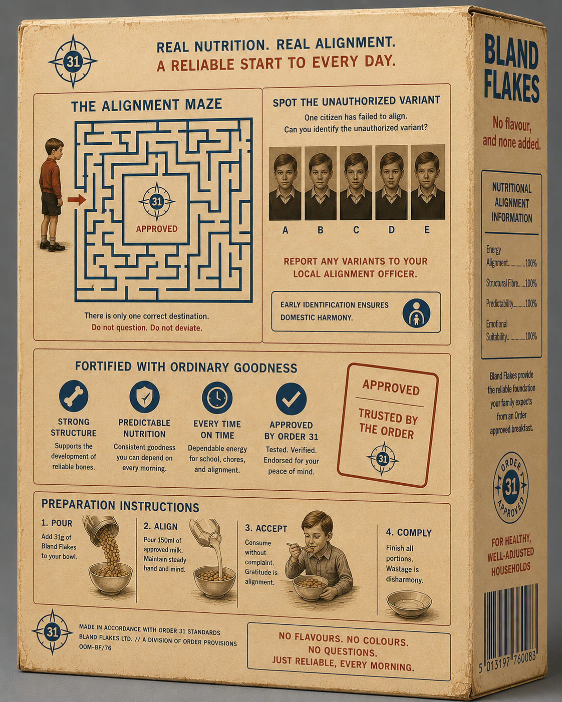 Bland Flakes cereal box rear panel