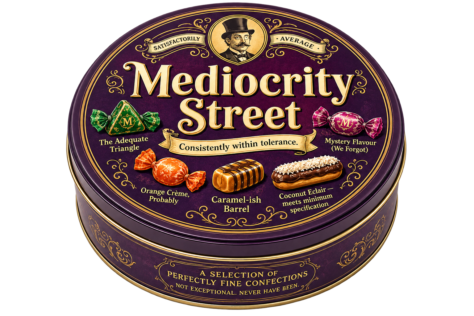 Mediocrity Street assorted confectionery presentation tin