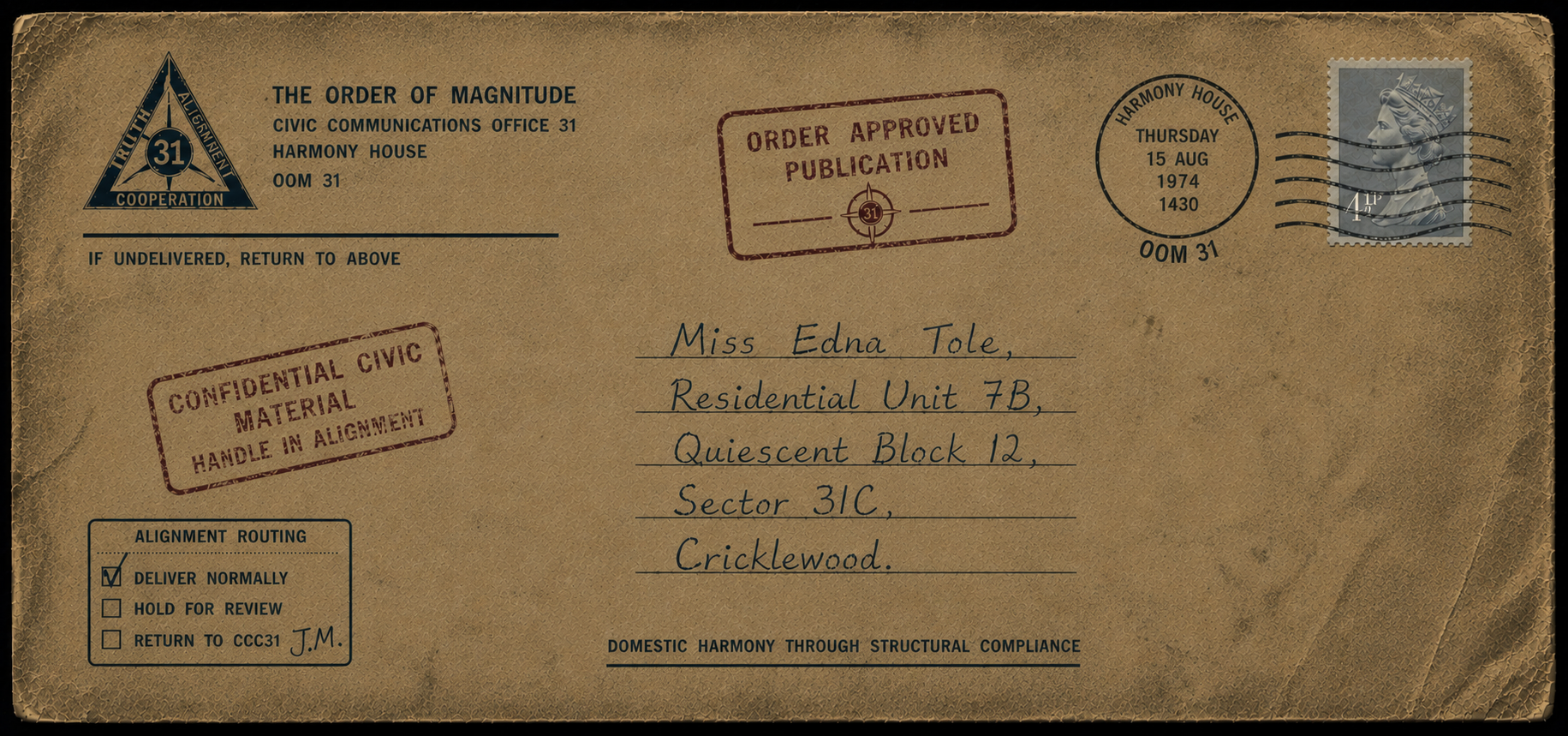 Aged 1974 envelope from the Order of Magnitude addressed to Miss Edna Tole in Cricklewood