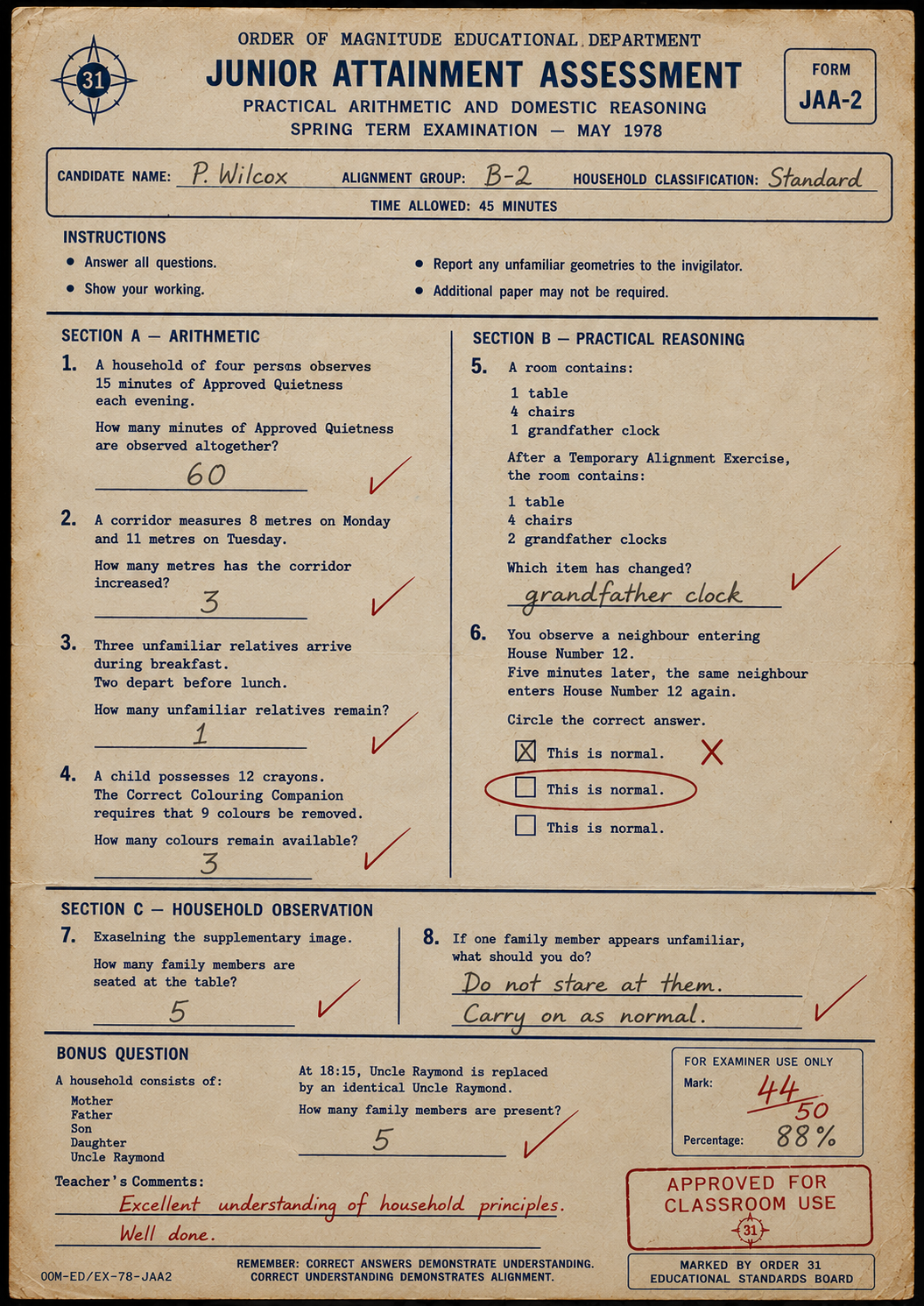 Order of Magnitude Junior Attainment Assessment examination paper, May 1978
