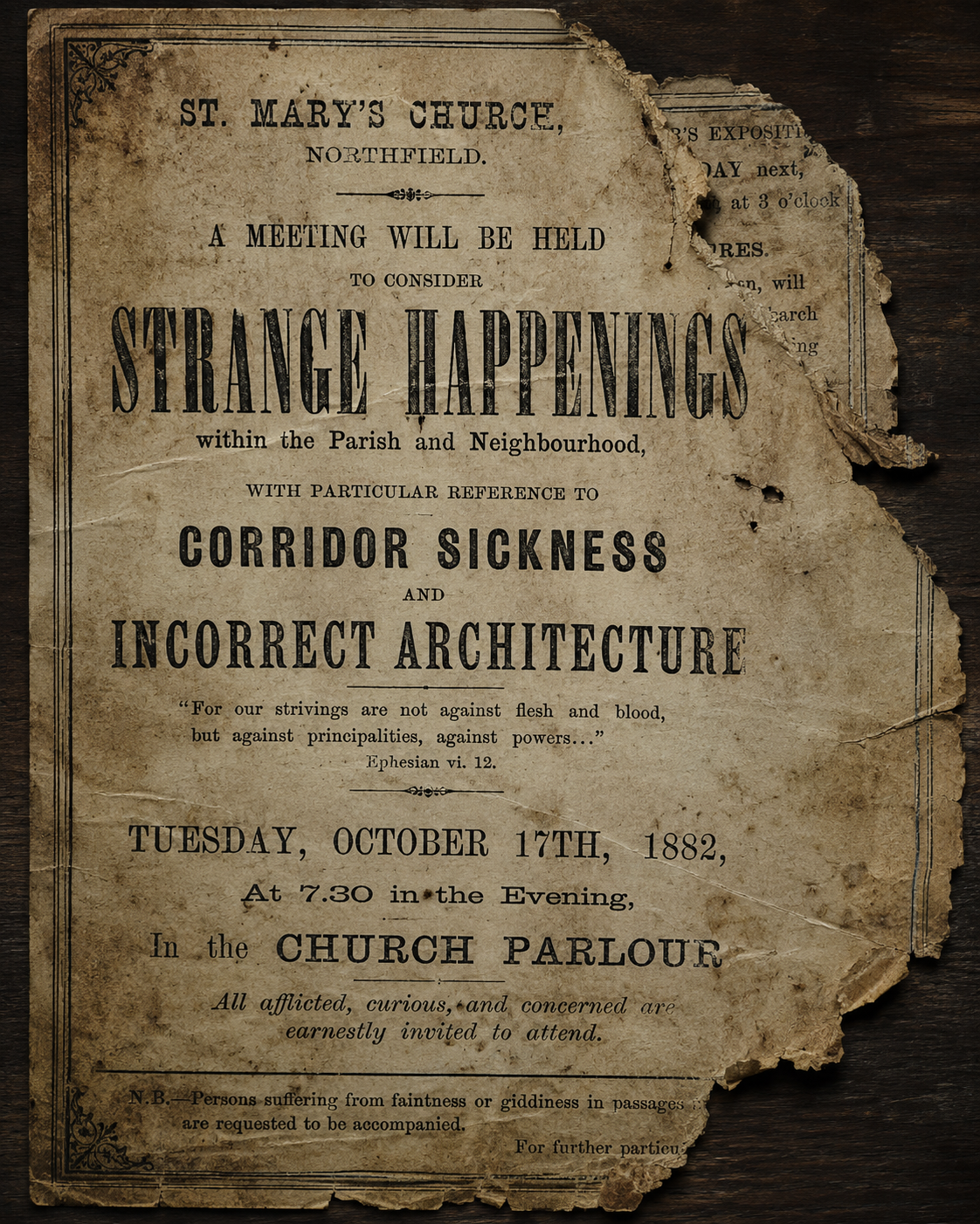 Victorian church notice concerning corridor sickness and incorrect architecture