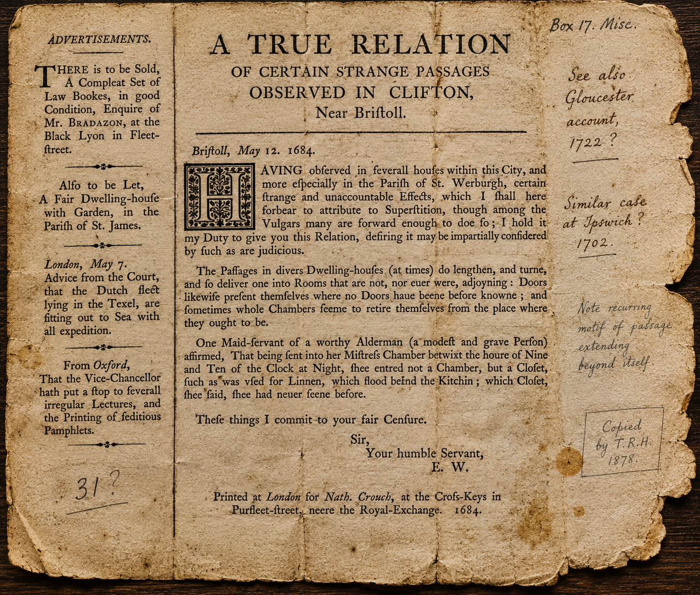 1684 printed fragment concerning strange passages near Clifton