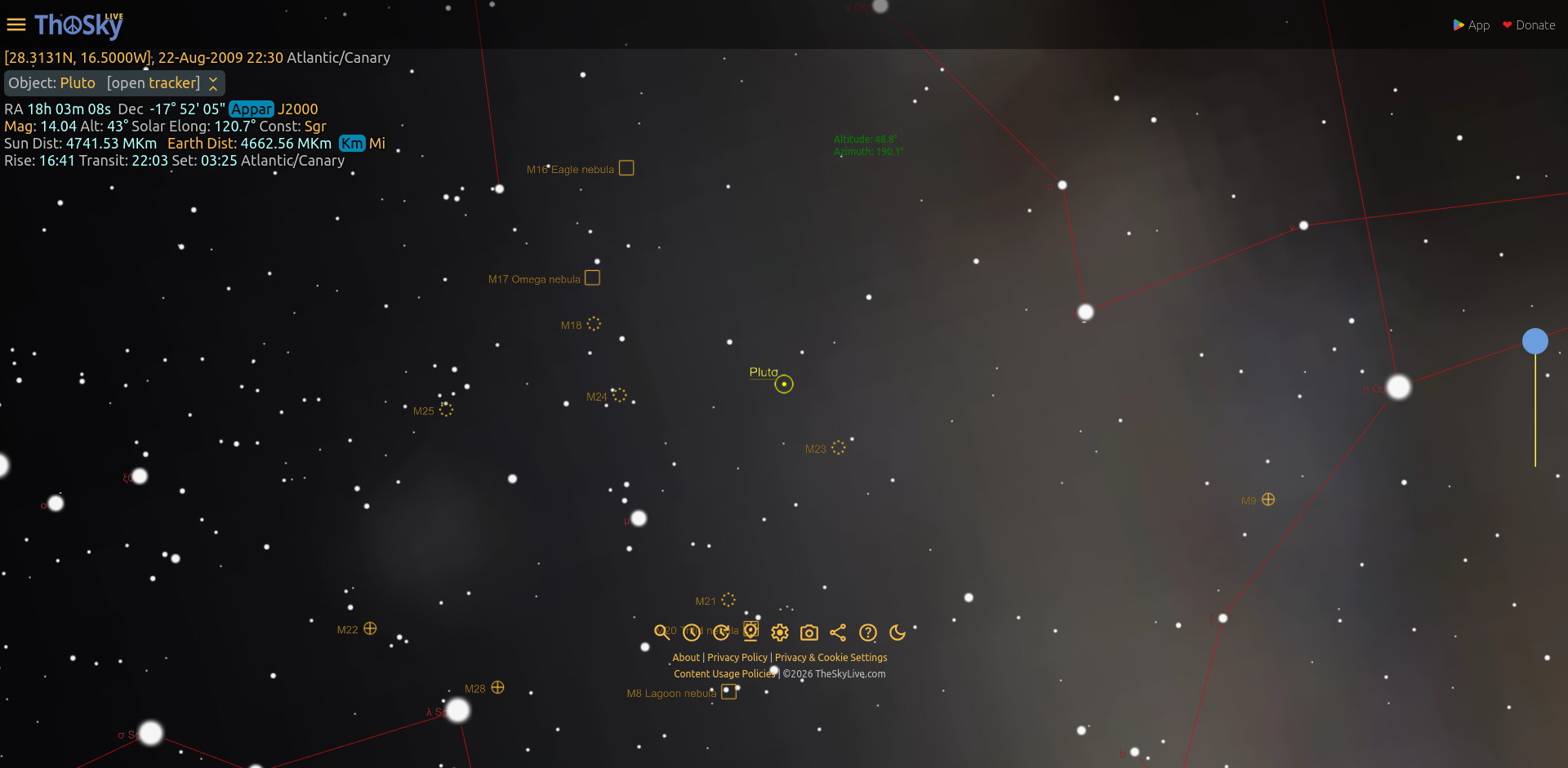 TheSkyLive view of Pluto from the Teide area on 22 August 2009